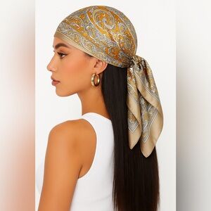 Gold and Beige Paisley Head Scarf Elegant Printed Accessory